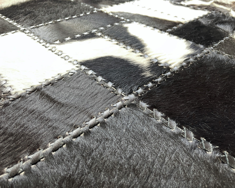 Noir & Ivory Cowhide Runner – Hand-Laced Mosaic Patchwork Hallway Rug