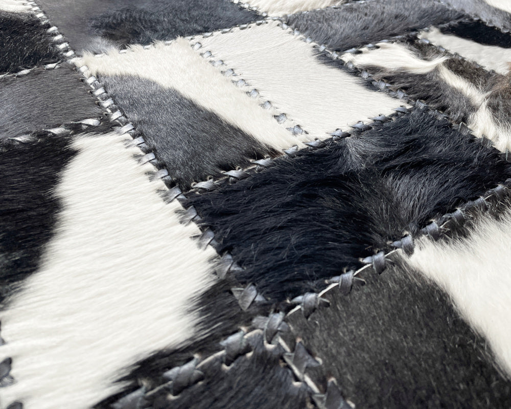 Noir & Ivory Cowhide Runner – Hand-Laced Mosaic Patchwork Hallway Rug