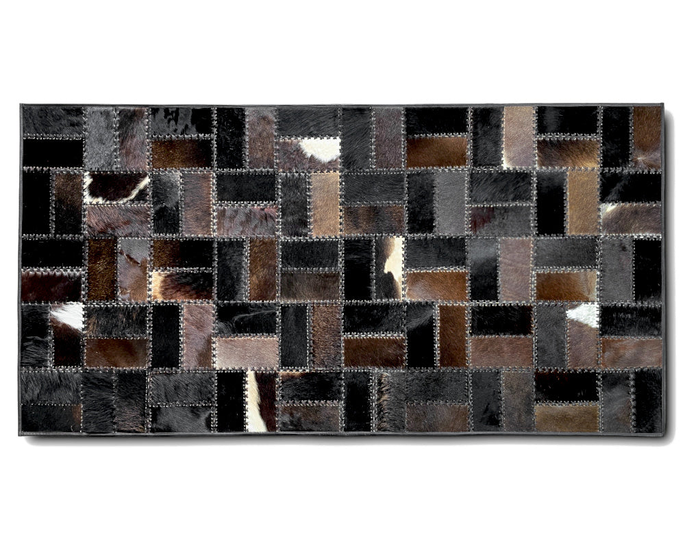 Woven Mosaic Cowhide Rug – Hand-Laced Dark Multicolor Patchwork Area Rug