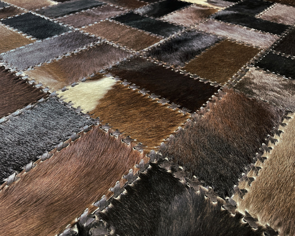 Woven Mosaic Cowhide Rug – Hand-Laced Dark Multicolor Patchwork Area Rug