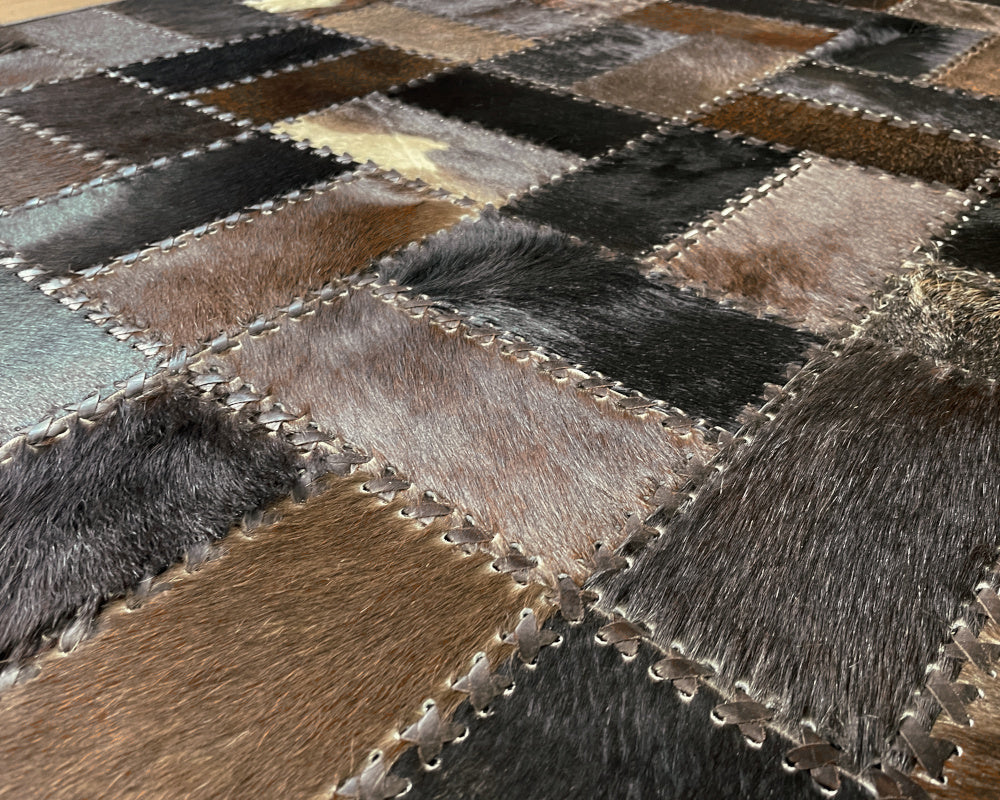 Woven Mosaic Cowhide Rug – Hand-Laced Dark Multicolor Patchwork Area Rug