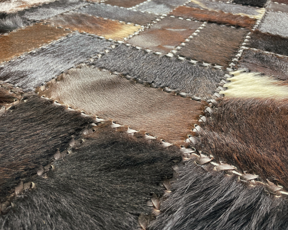 Woven Mosaic Cowhide Rug – Hand-Laced Dark Multicolor Patchwork Area Rug