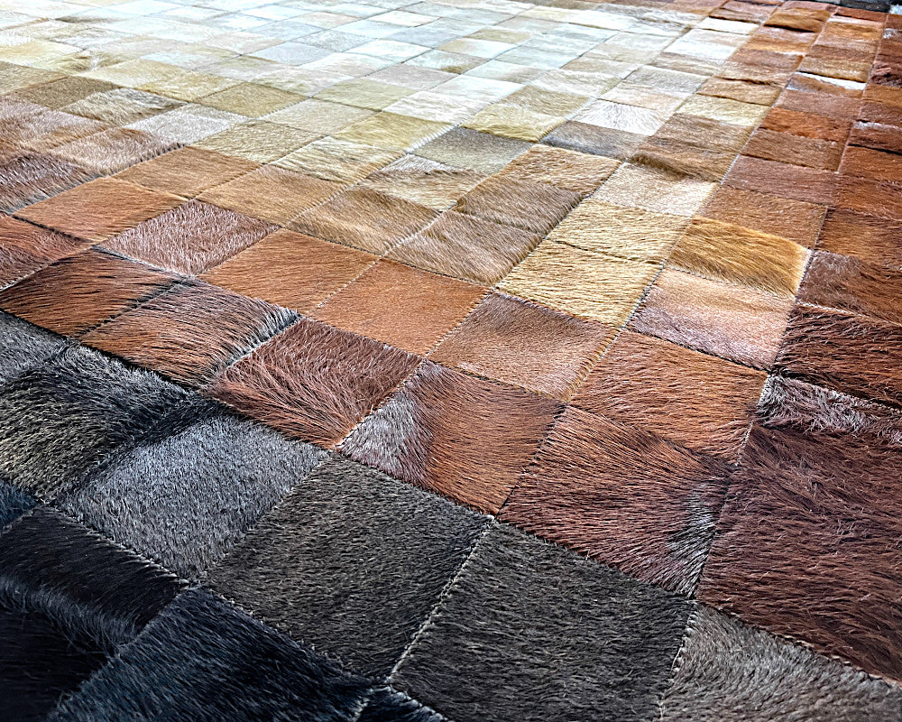 Radiant Center Cowhide Patchwork Rug – Brown Ombre Mosaic Leather Area Rug