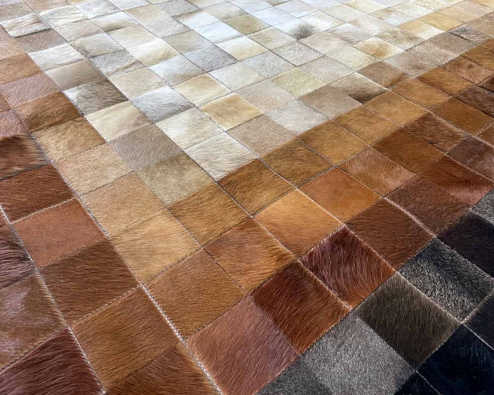 Radiant Center Cowhide Patchwork Rug – Brown Ombre Mosaic Leather Area Rug
