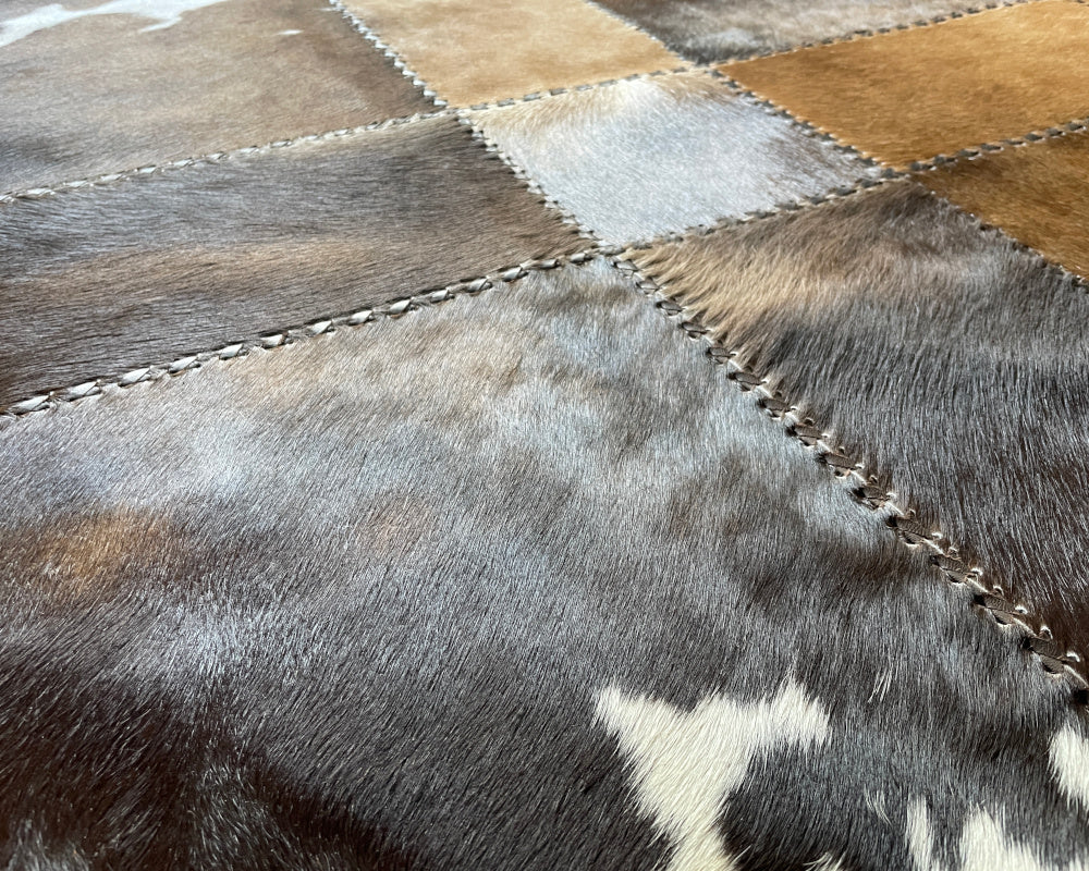 Bronze Brown Cowhide Rug – Hand-Laced Framed Patchwork Area Rug