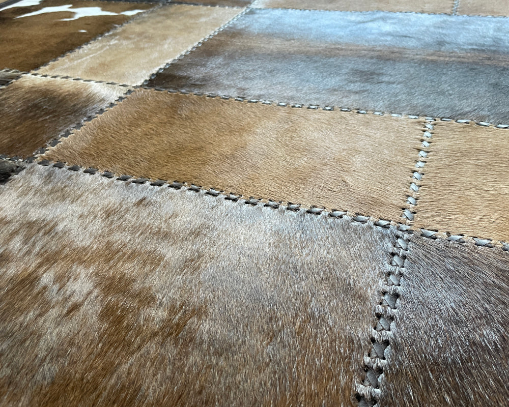 Bronze Brown Cowhide Rug – Hand-Laced Framed Patchwork Area Rug