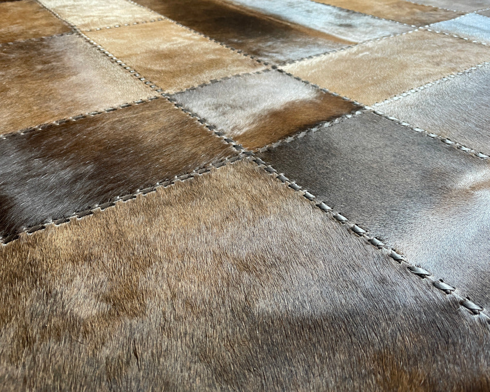 Bronze Brown Cowhide Rug – Hand-Laced Framed Patchwork Area Rug