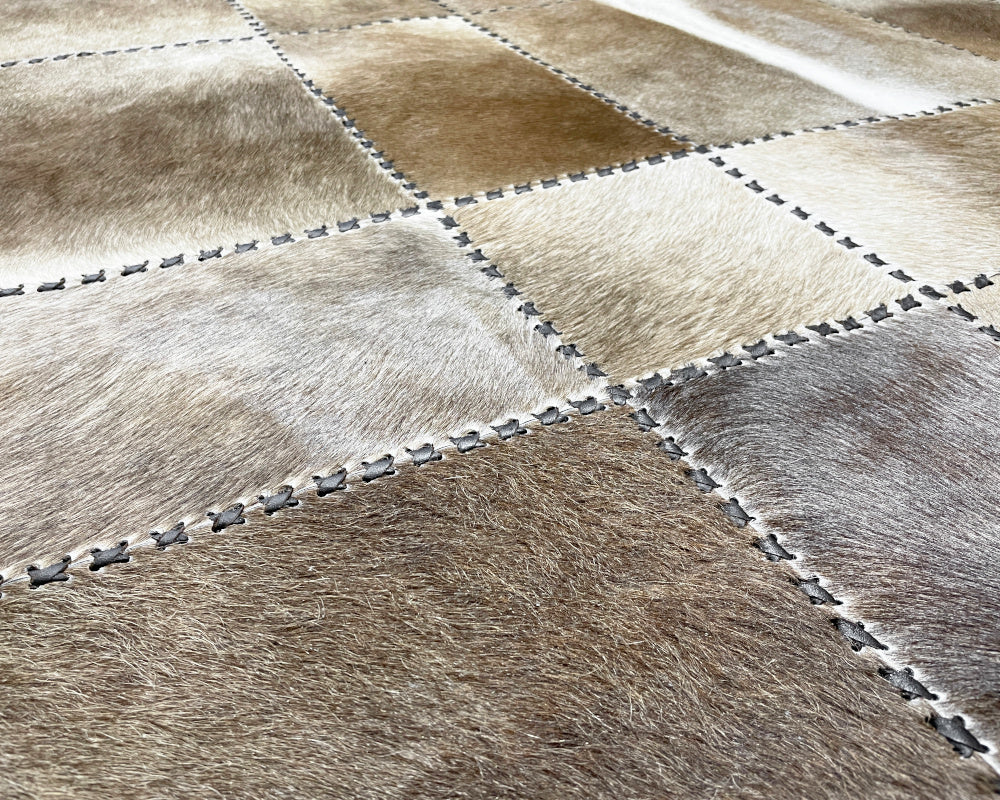 Frosted Beige Cowhide Rug – Hand-Laced Neutral Patchwork Area Rug