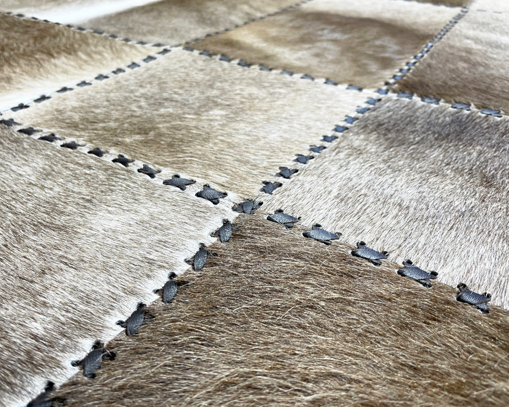 Frosted Beige Cowhide Rug – Hand-Laced Neutral Patchwork Area Rug