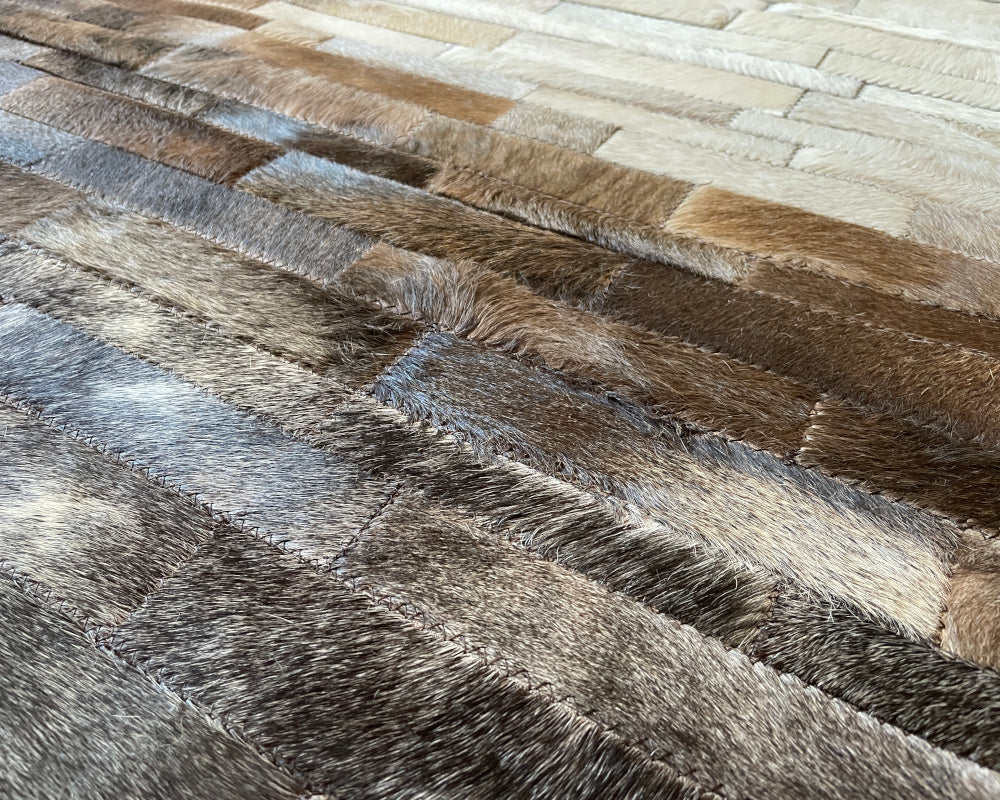 Ivory Halo Cowhide Patchwork Rug – Cream Center & Brown Gradient Vertical Strip Area Rug