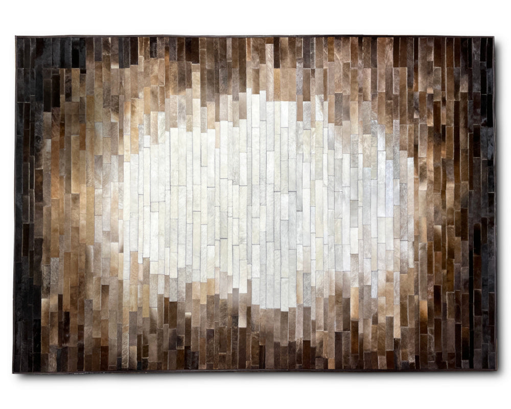Ivory Center Cowhide Patchwork Rug – Brown Ombre Linear Mosaic Hair on Hide Area Rug
