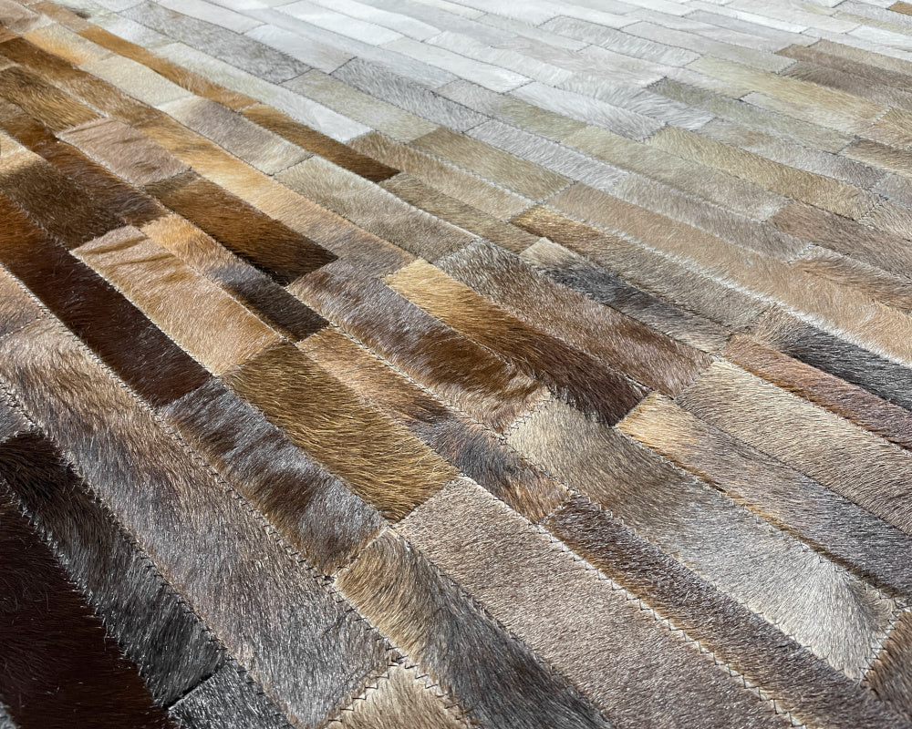 Ivory Center Cowhide Patchwork Rug – Brown Ombre Linear Mosaic Hair on Hide Area Rug