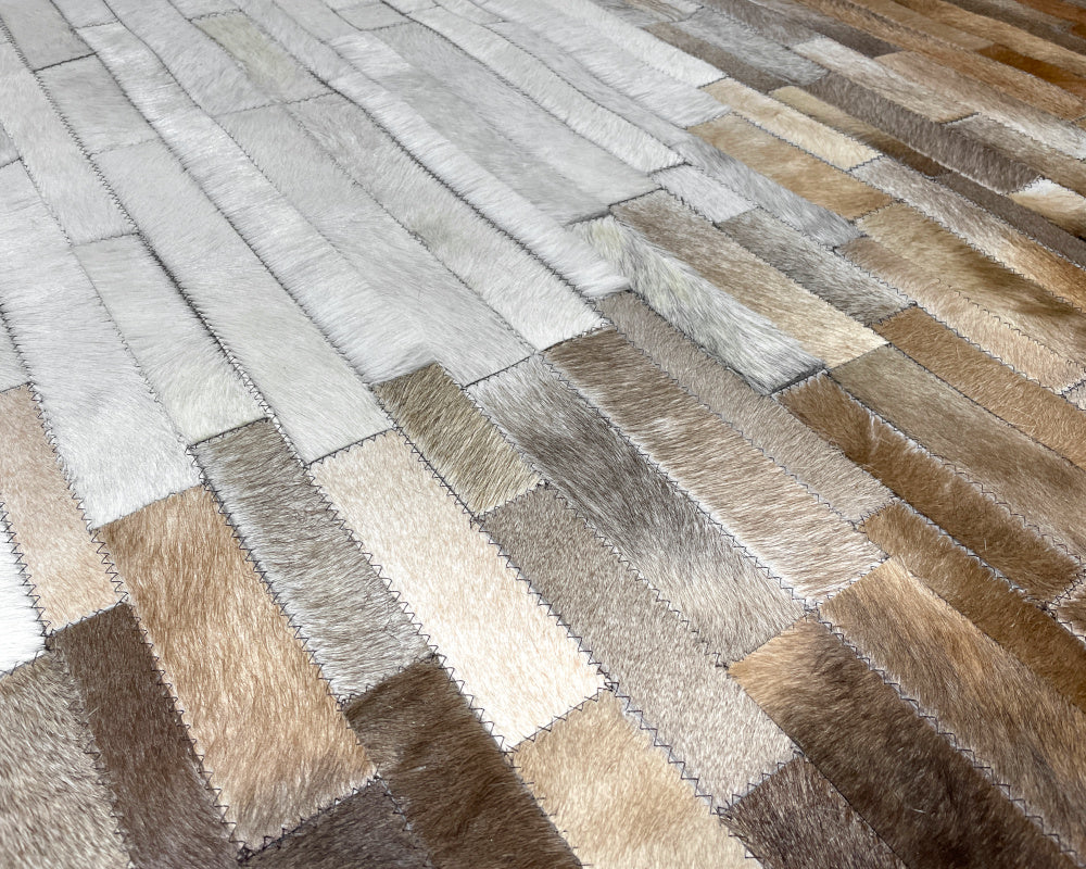 Ivory Center Cowhide Patchwork Rug – Brown Ombre Linear Mosaic Hair on Hide Area Rug