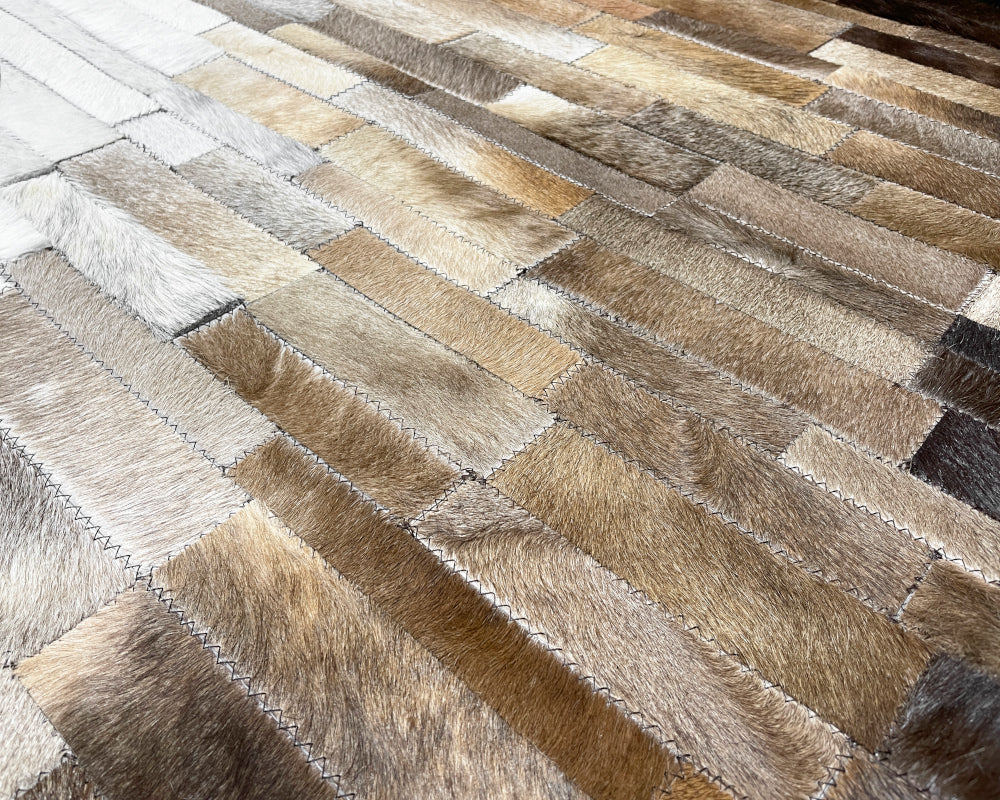 Ivory Center Cowhide Patchwork Rug – Brown Ombre Linear Mosaic Hair on Hide Area Rug