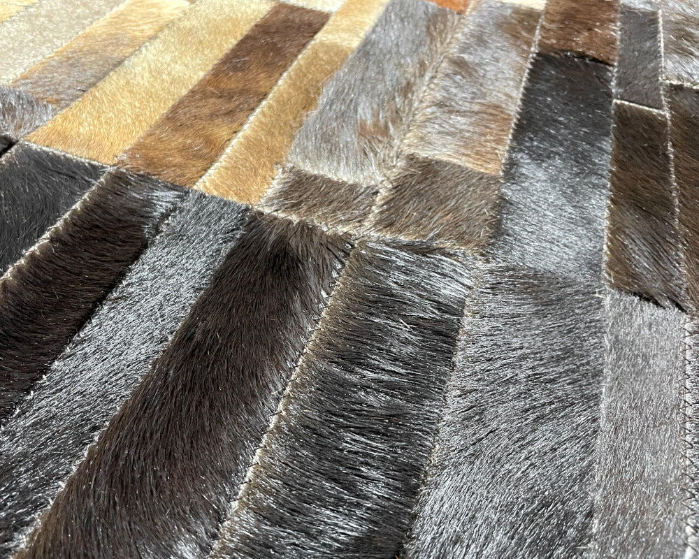 Ivory Center Cowhide Patchwork Rug – Brown Ombre Linear Mosaic Hair on Hide Area Rug