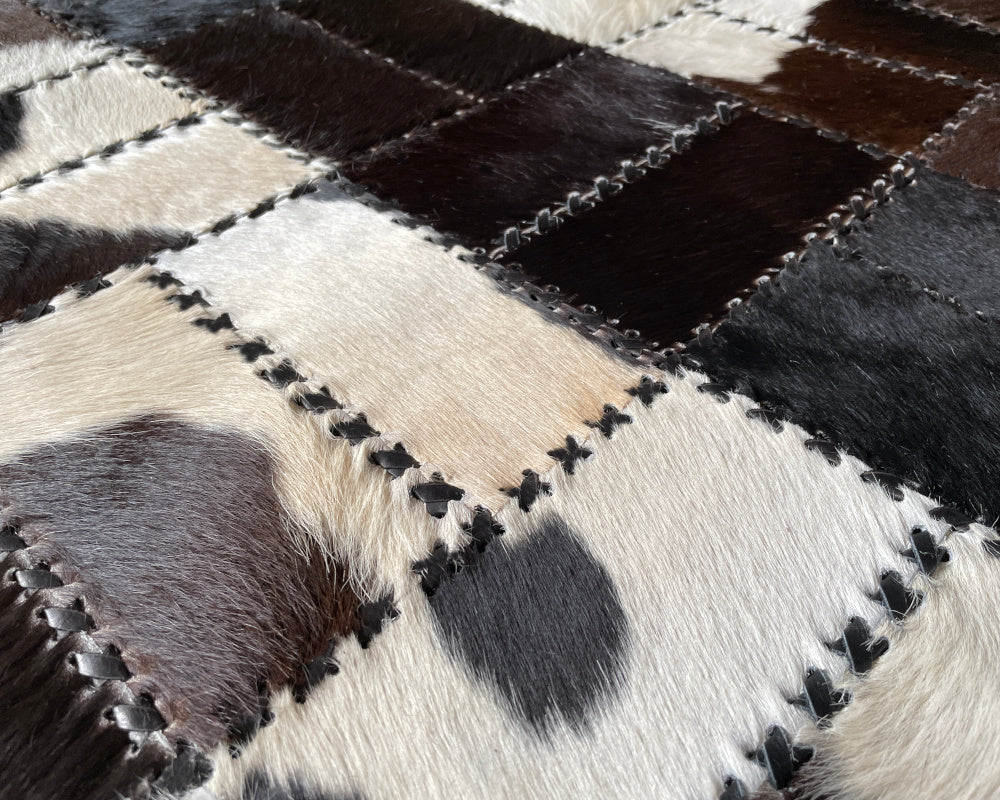 Mosaic Black & White Cowhide Runner – Hand-Laced Patchwork Hallway Rug