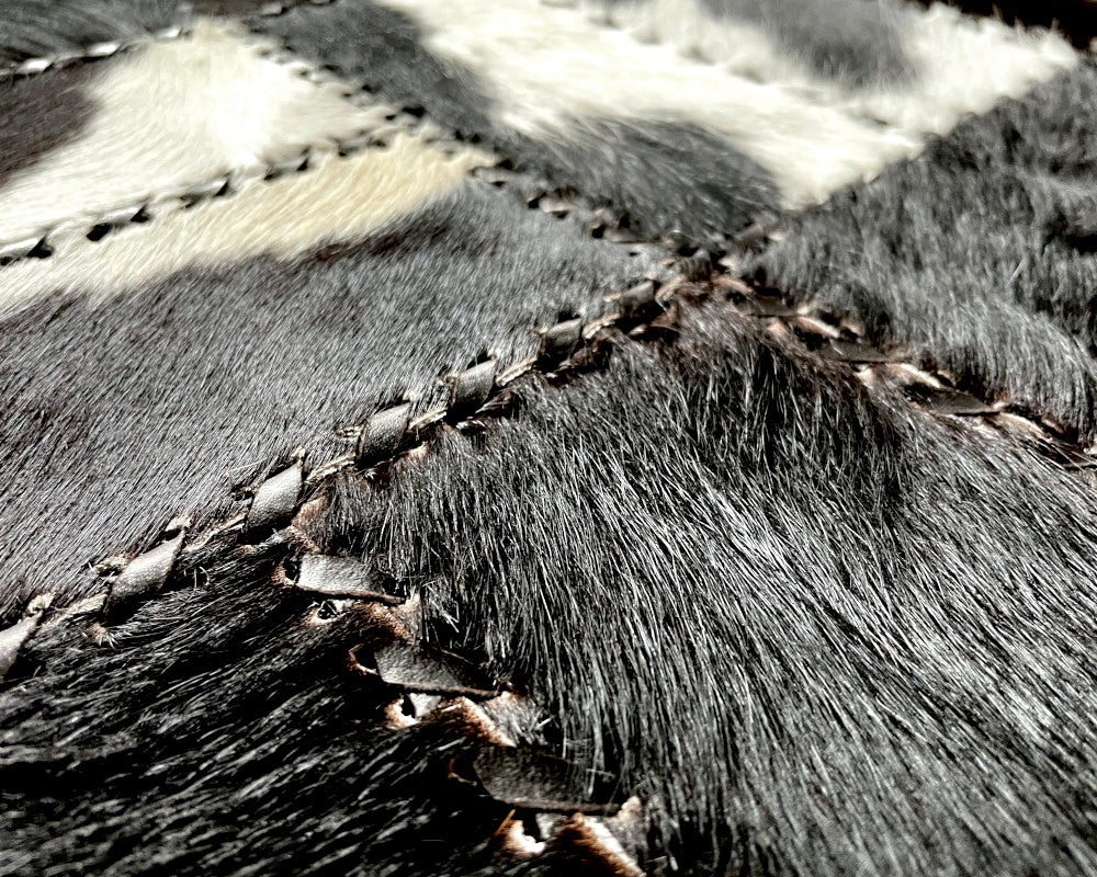 Carbon Black Cowhide Runner – Hand-Laced Spotted Leather Patchwork Rug
