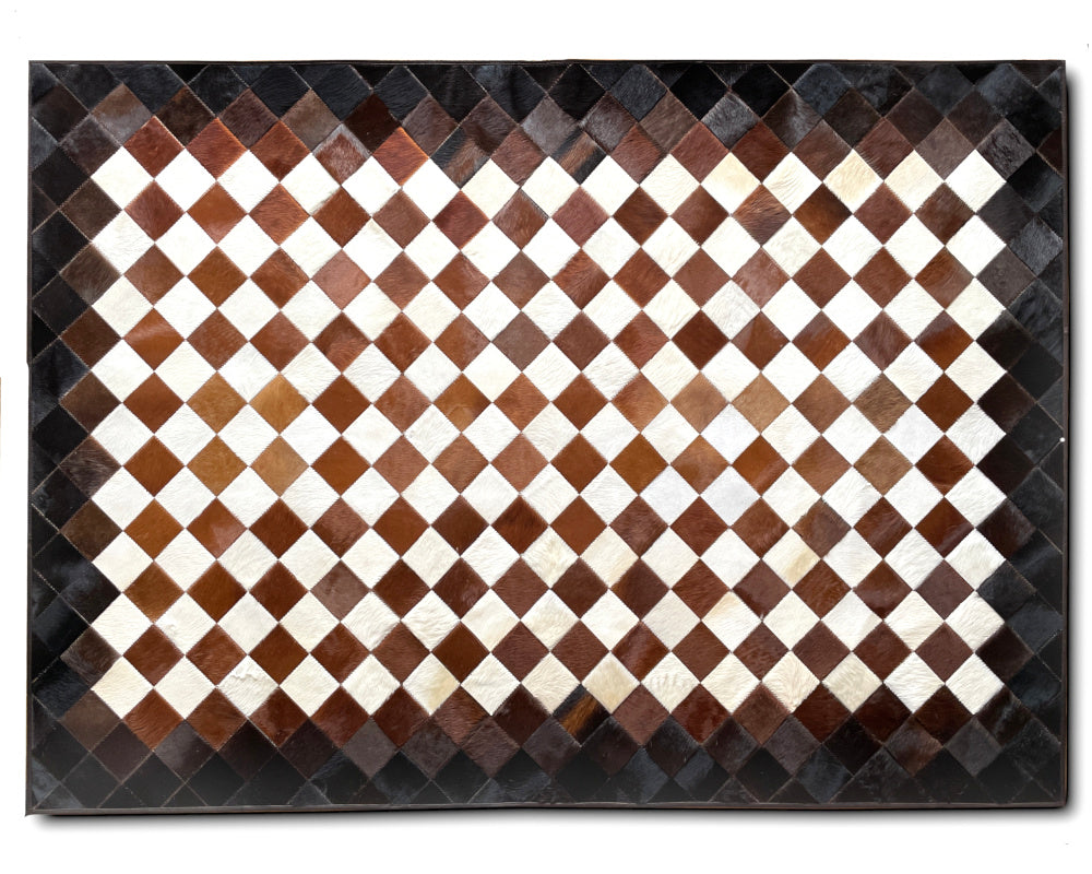 Brown & White Harlequin Cowhide Rug – Diamond Checkerboard Patchwork Leather Area Rug