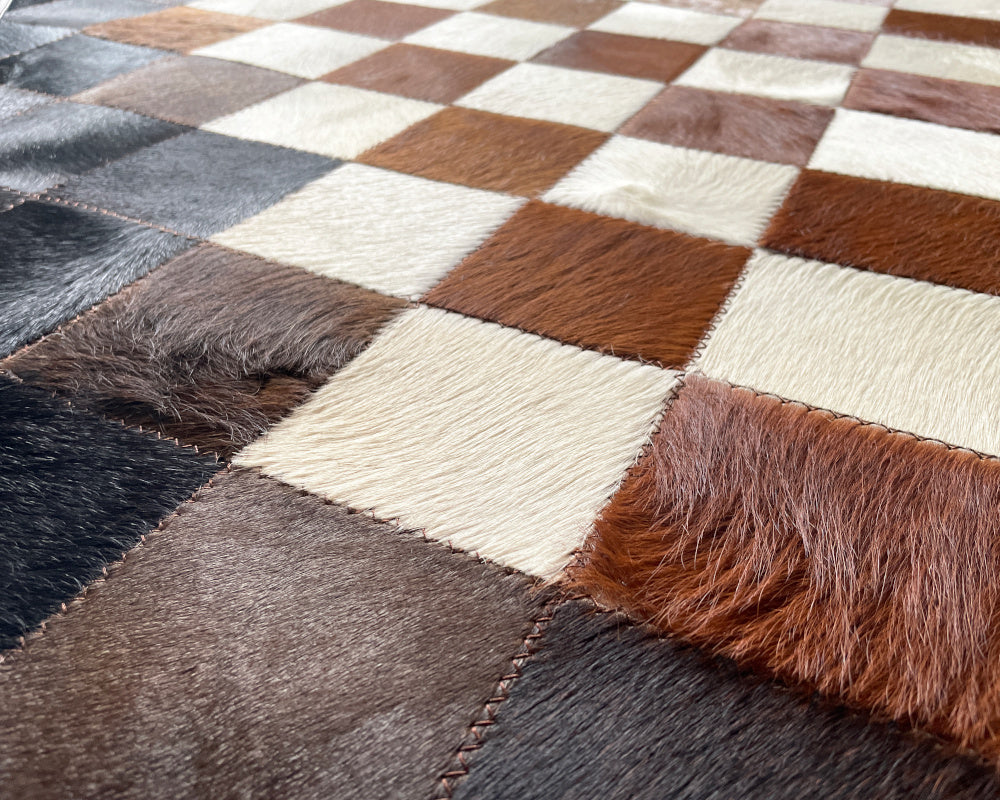 Brown & White Harlequin Cowhide Rug – Diamond Checkerboard Patchwork Leather Area Rug