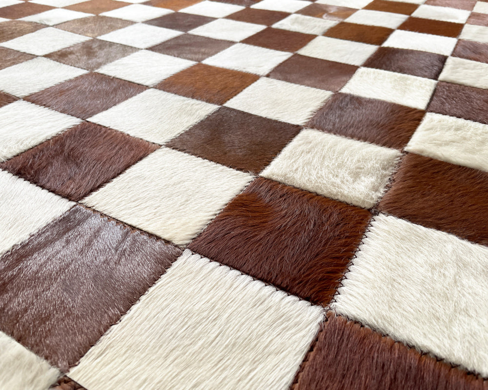 Brown & White Harlequin Cowhide Rug – Diamond Checkerboard Patchwork Leather Area Rug
