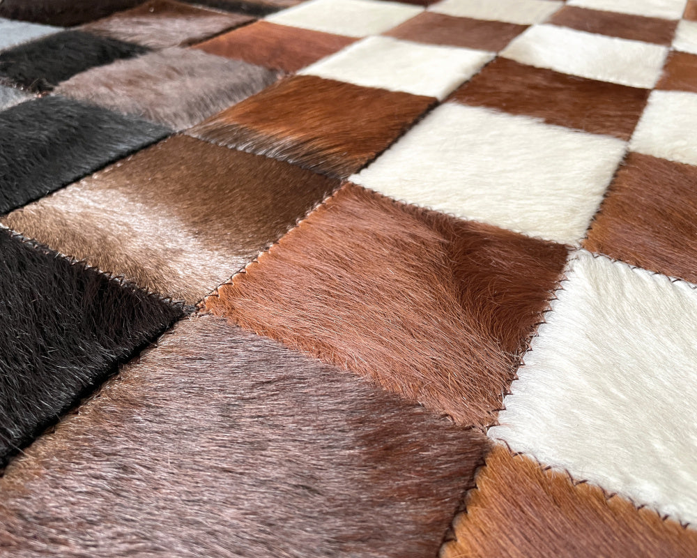 Brown & White Harlequin Cowhide Rug – Diamond Checkerboard Patchwork Leather Area Rug