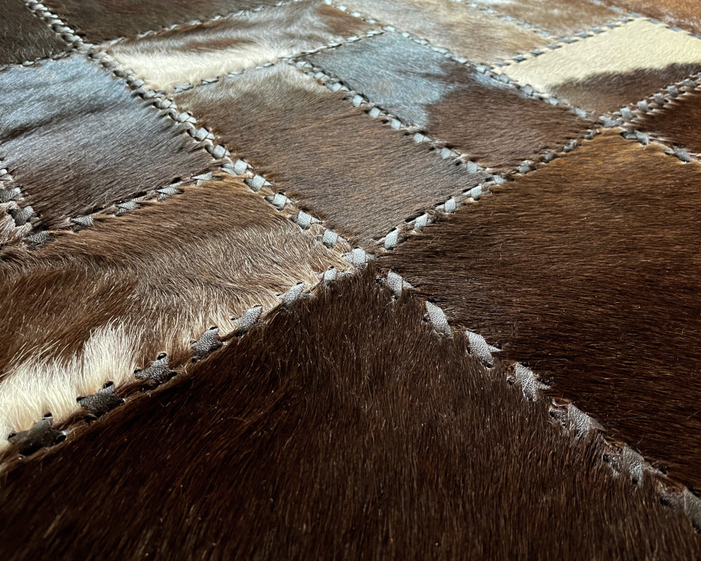 Espresso Brown & Slate Grey Cowhide Runner – Hand-Laced Geometric Patchwork Hallway Rug