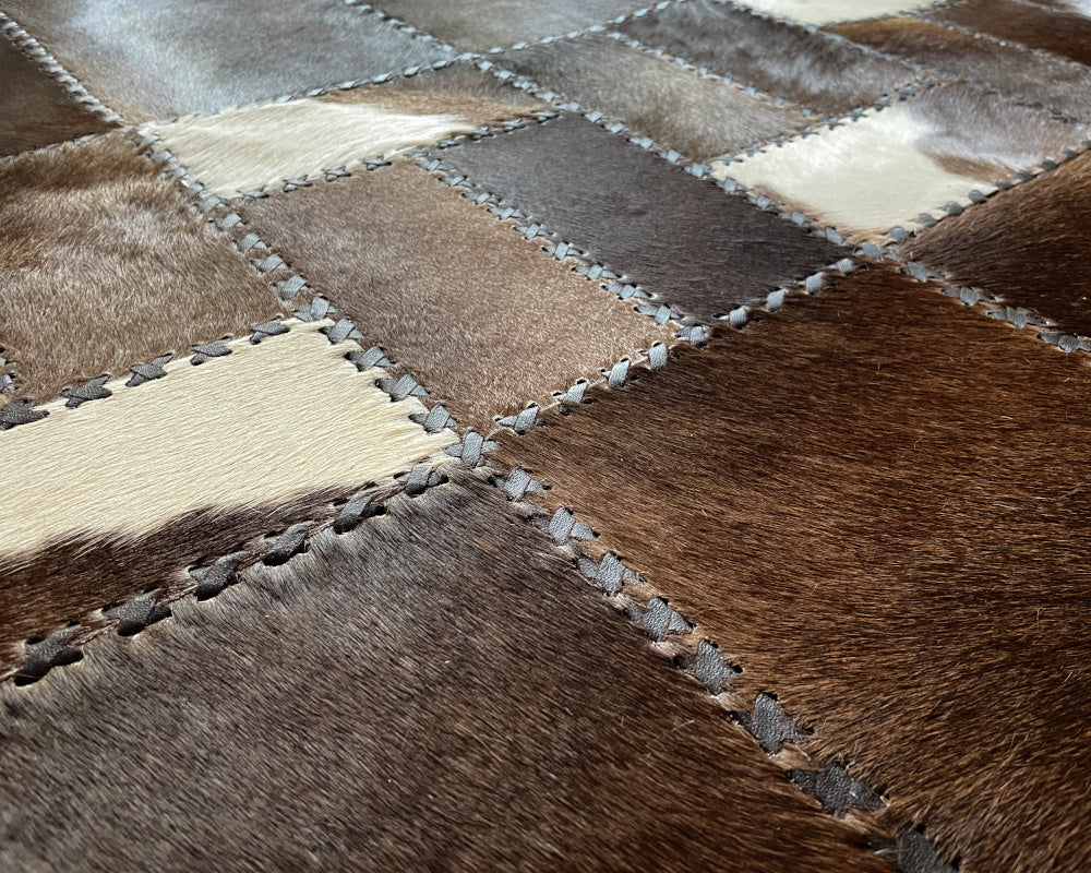 Espresso Brown & Slate Grey Cowhide Runner – Hand-Laced Geometric Patchwork Hallway Rug