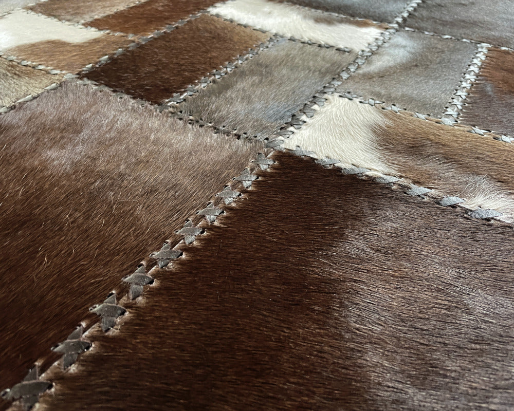 Espresso Brown & Slate Grey Cowhide Runner – Hand-Laced Geometric Patchwork Hallway Rug