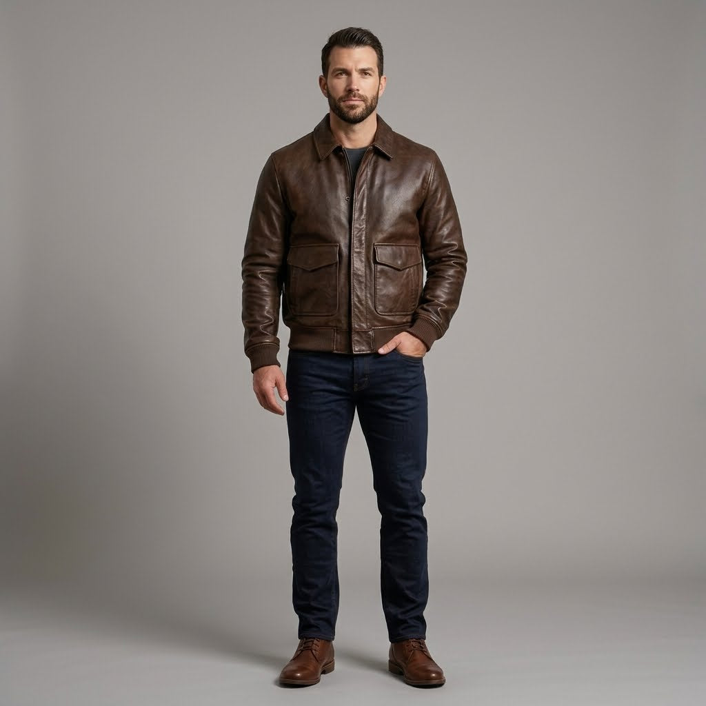 Model view of the Men’s Genuine Leather Bomber Jacket with Cuffs & Pockets.