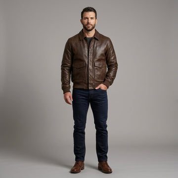 Model view of the Men’s Genuine Leather Bomber Jacket with Cuffs & Pockets.