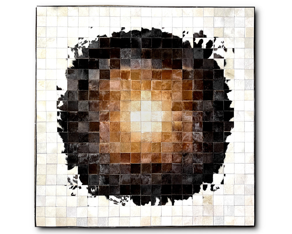 Sunburst Ombre Cowhide Patchwork Rug – Brown Black & Ivory Geometric Mosaic Area Rug