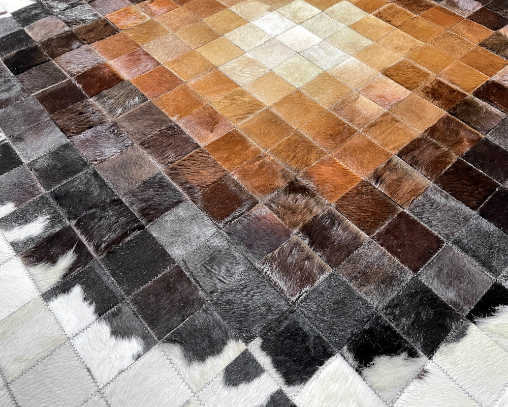 Sunburst Ombre Cowhide Patchwork Rug – Brown Black & Ivory Geometric Mosaic Area Rug