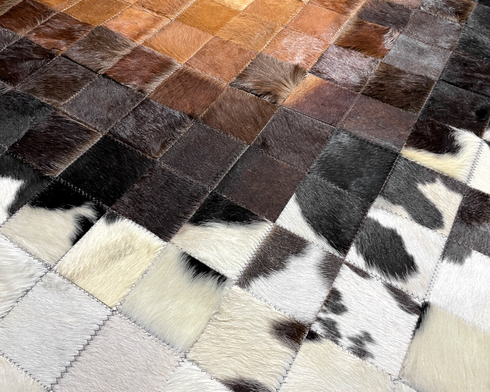 Sunburst Ombre Cowhide Patchwork Rug – Brown Black & Ivory Geometric Mosaic Area Rug