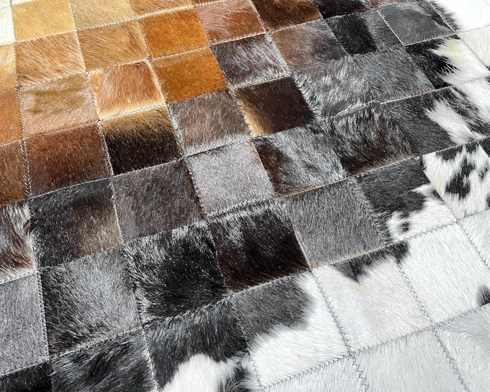 Sunburst Ombre Cowhide Patchwork Rug – Brown Black & Ivory Geometric Mosaic Area Rug