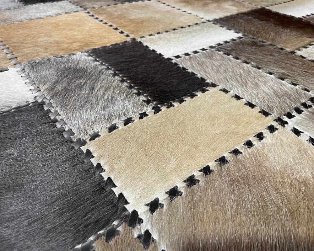 Multicolor Mosaic Cowhide Rug – Hand-Laced Geometric Patchwork Area Rug