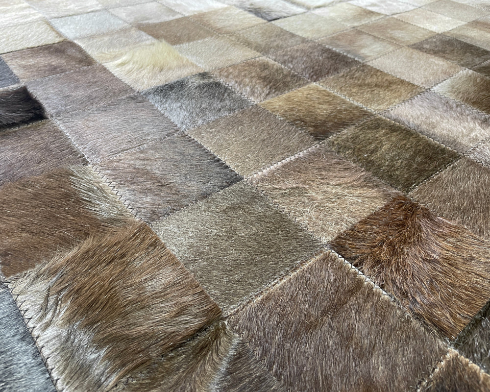 Gradient Mosaic Cowhide Patchwork Rug – Grey Brown & Ivory Hair on Hide Area Rug