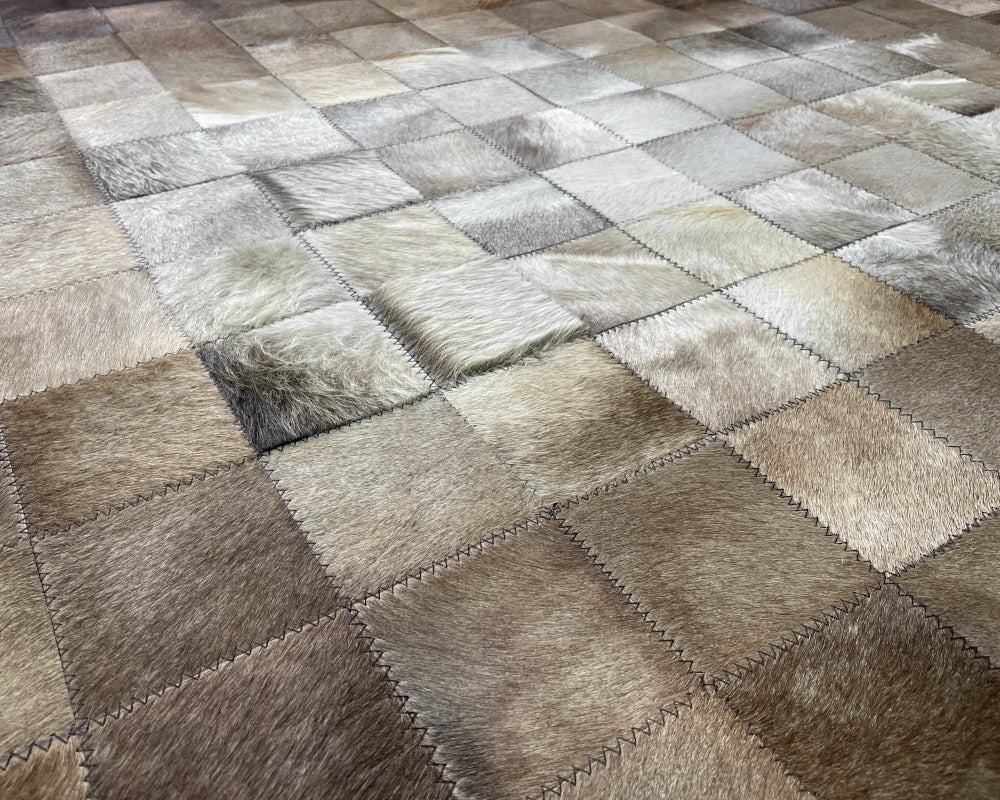 Gradient Mosaic Cowhide Patchwork Rug – Grey Brown & Ivory Hair on Hide Area Rug