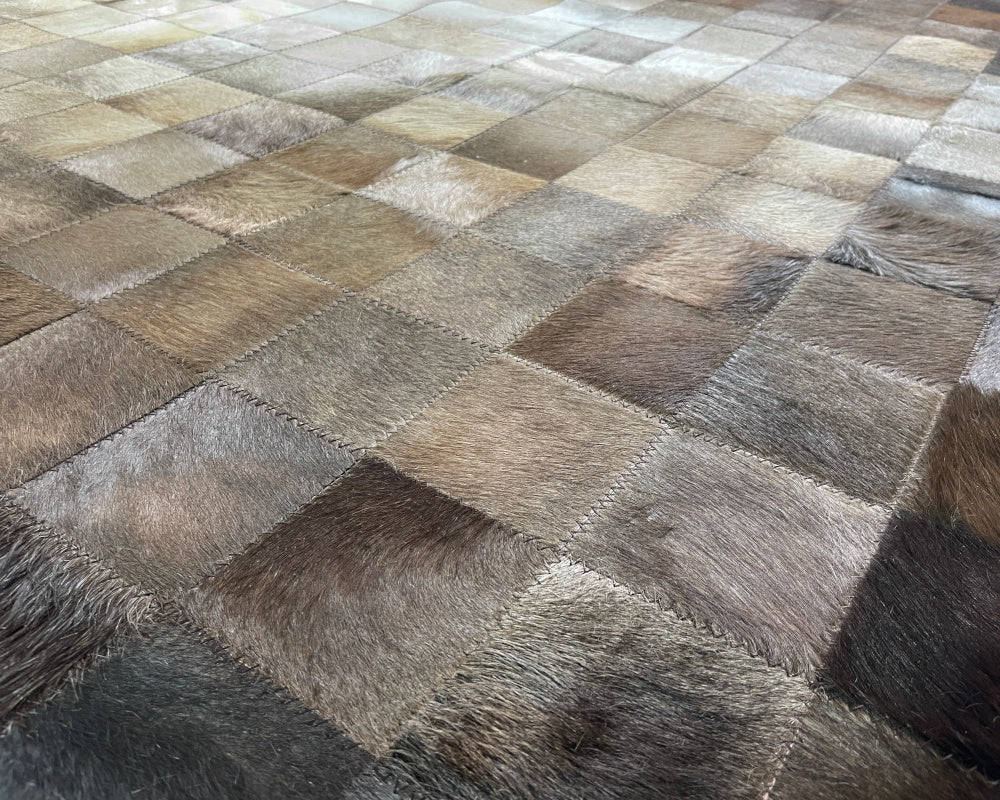 Gradient Mosaic Cowhide Patchwork Rug – Grey Brown & Ivory Hair on Hide Area Rug