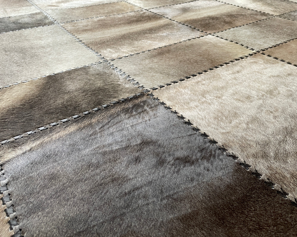 Smoky Taupe Cowhide Rug – Hand-Laced Earthtone Patchwork Area Rug