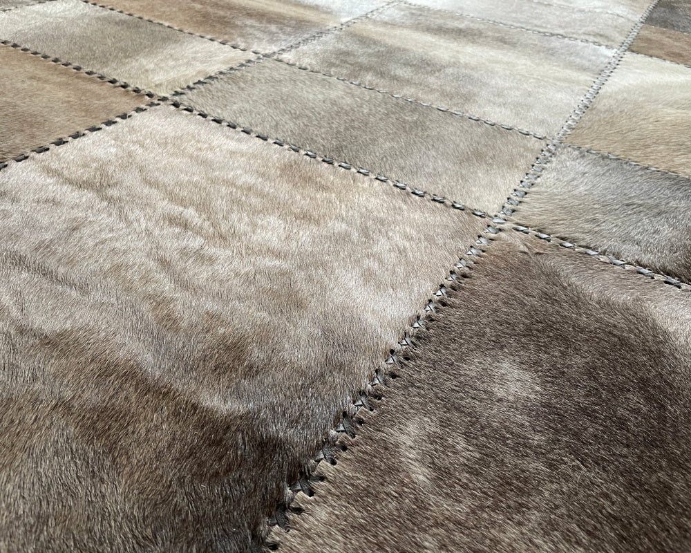 Smoky Taupe Cowhide Rug – Hand-Laced Earthtone Patchwork Area Rug