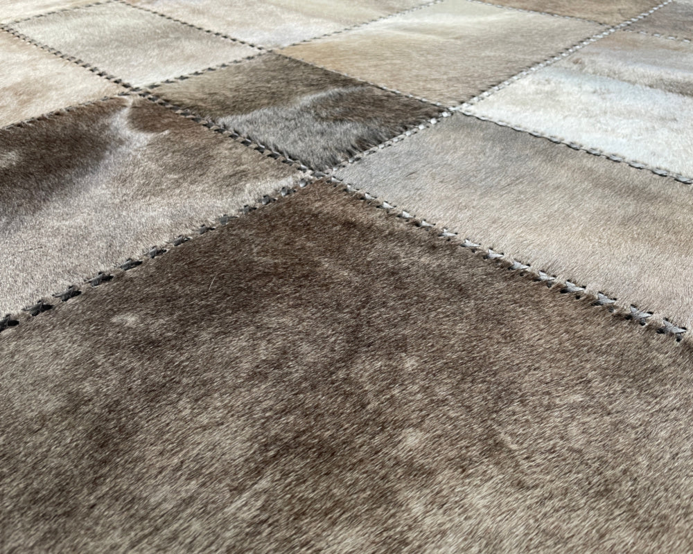 Smoky Taupe Cowhide Rug – Hand-Laced Earthtone Patchwork Area Rug