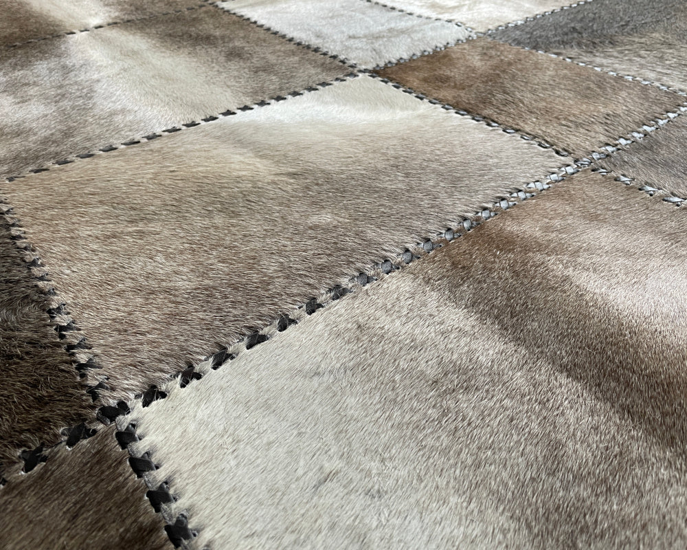 Smoky Taupe Cowhide Rug – Hand-Laced Earthtone Patchwork Area Rug