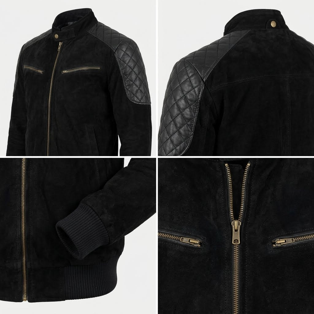 Close up view of the Men’s Leather Bomber Jacket with Quilted Shoulders.