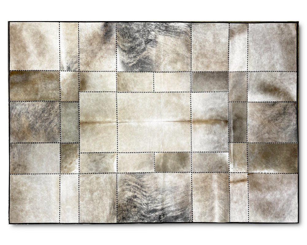 Pearl Ivory & Grey Cowhide Rug – Hand-Laced Geometric Patchwork Area Rug
