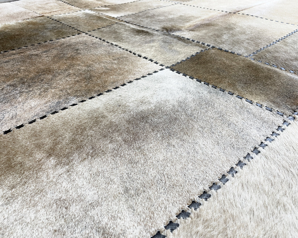 Pearl Ivory & Grey Cowhide Rug – Hand-Laced Geometric Patchwork Area Rug