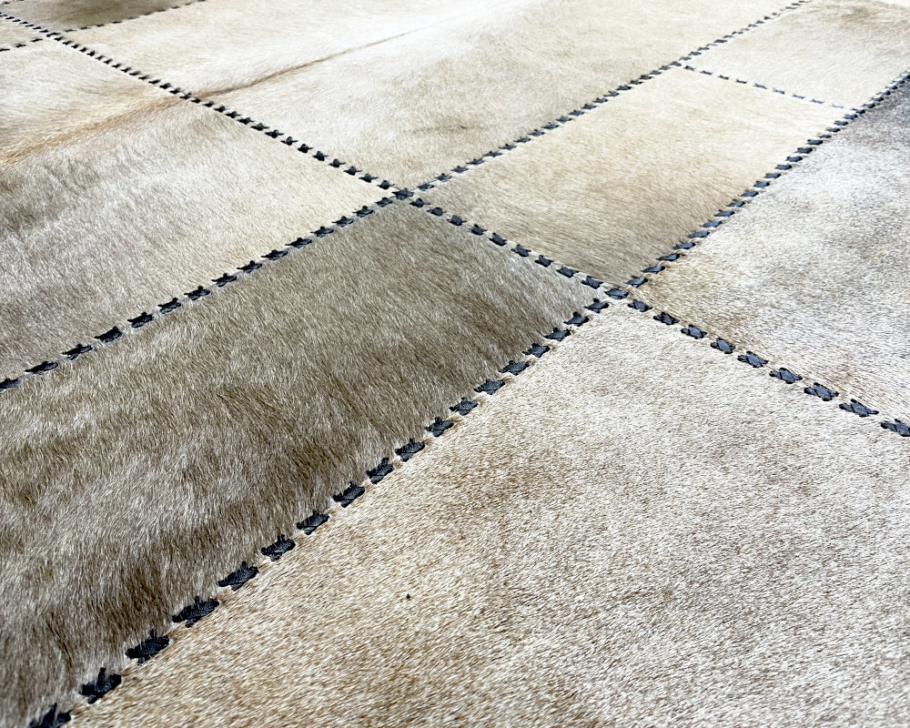 Pearl Ivory & Grey Cowhide Rug – Hand-Laced Geometric Patchwork Area Rug
