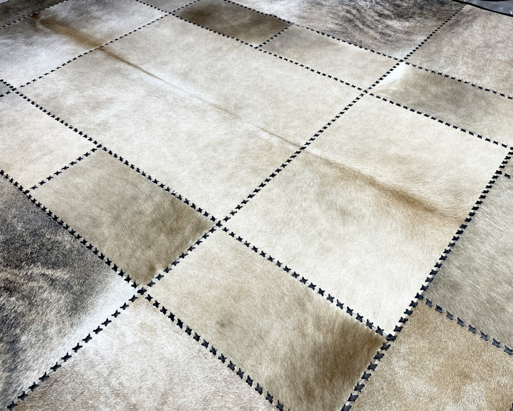 Pearl Ivory & Grey Cowhide Rug – Hand-Laced Geometric Patchwork Area Rug