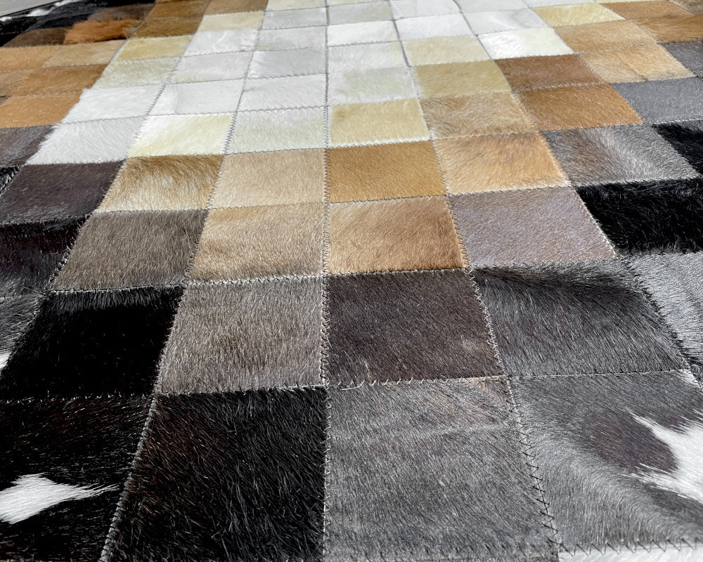 Diamond Gradient Cowhide Patchwork Rug – Black Brown & Ivory Geometric Hair on Hide Area Rug