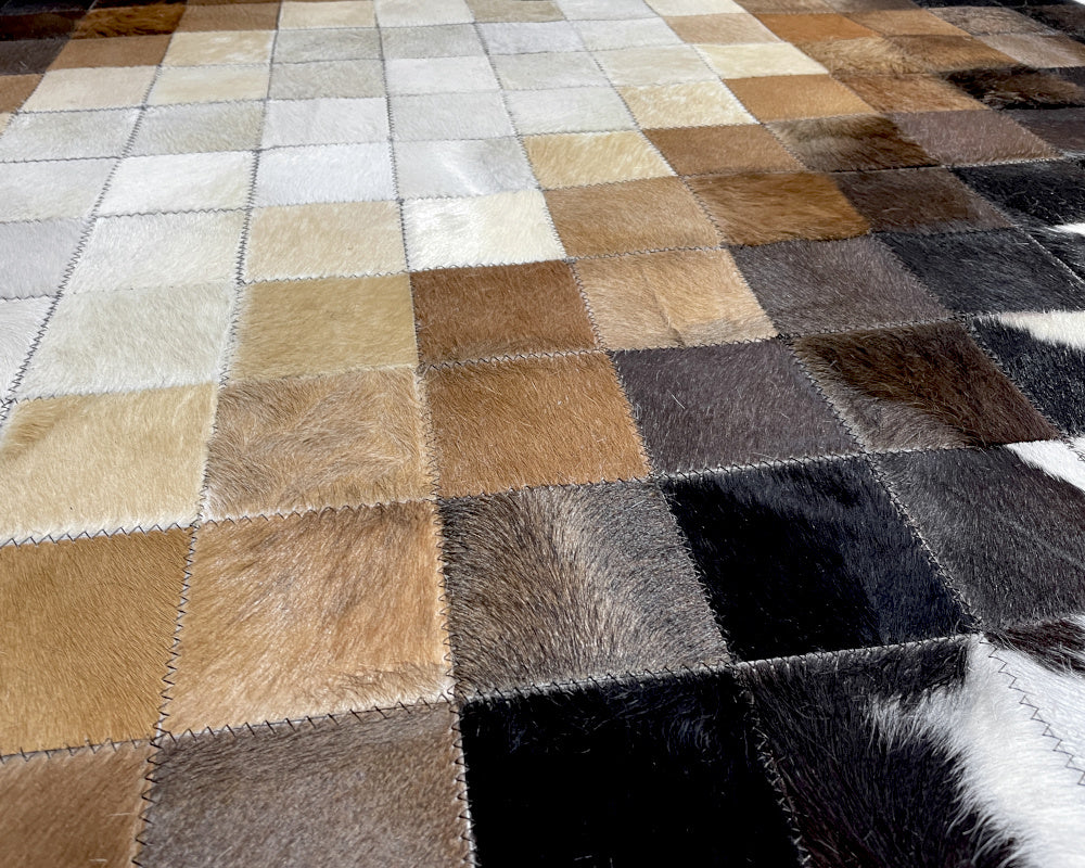 Diamond Gradient Cowhide Patchwork Rug – Black Brown & Ivory Geometric Hair on Hide Area Rug