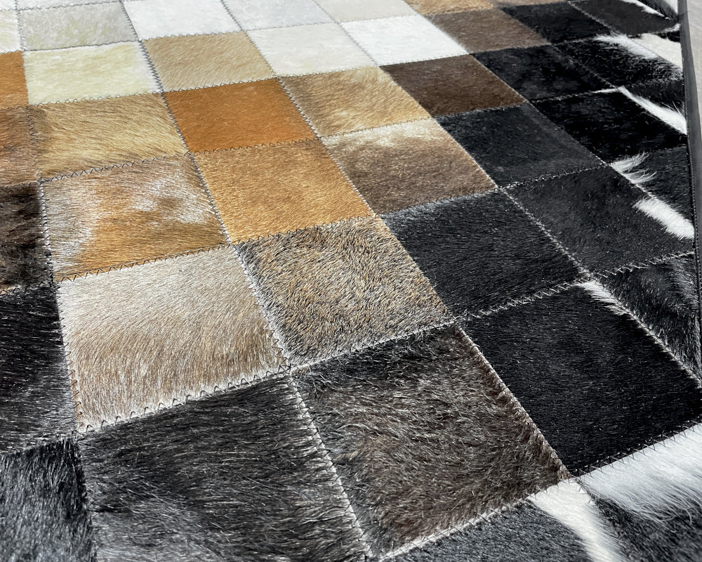 Diamond Gradient Cowhide Patchwork Rug – Black Brown & Ivory Geometric Hair on Hide Area Rug